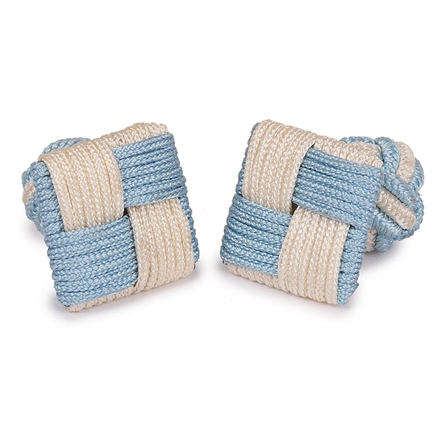 SQUARE SILK KNOT CUFFLINKS SKY BLUE AND WHITE COLORS